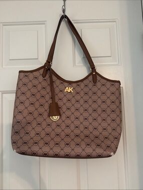 Anne Klein Brown Monogram Shoulder Tote with Gold Accents